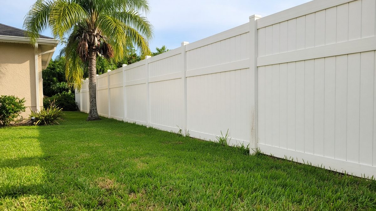 White vinyl privacy fence along a backyard lawn, fence installation and repair for Cape Coral homes